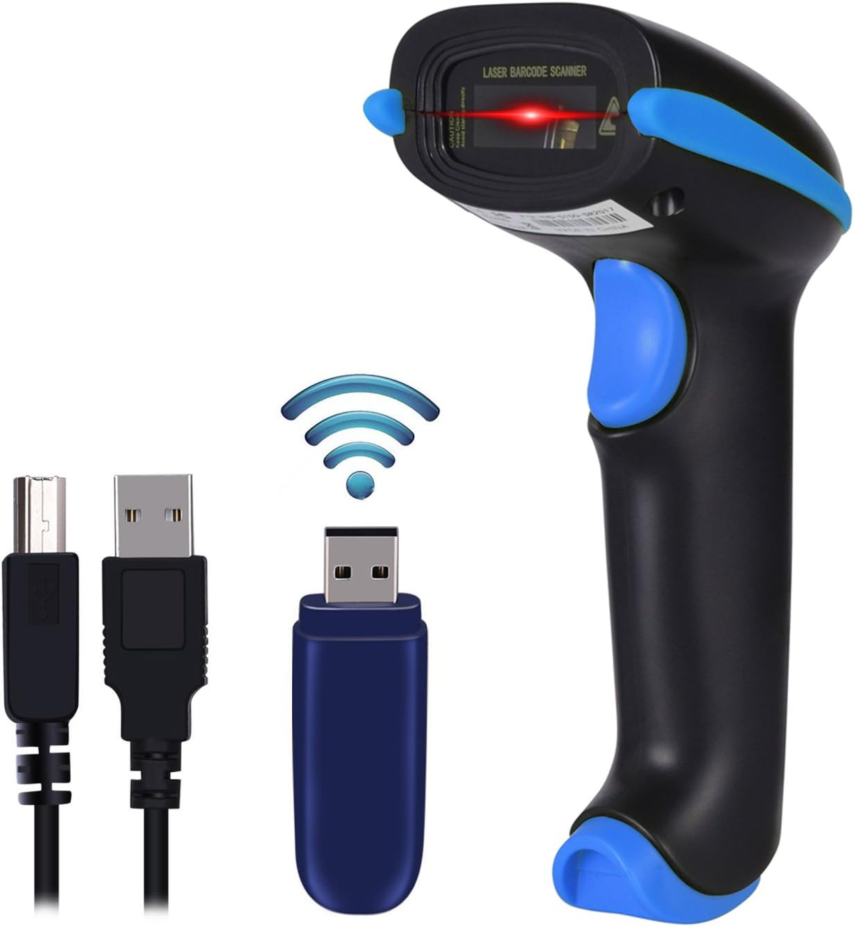 WoneNice 2.4G Wireless Barcode Scanner — 1D, 100 ft Range, Blue